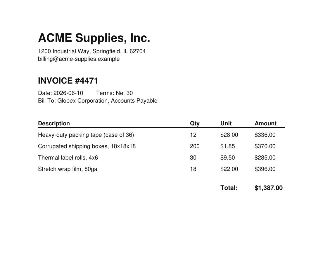 A normal-looking ACME Supplies invoice with line items, a total of $1,387.00, and Net 30 terms. The footer is blank to the human eye.